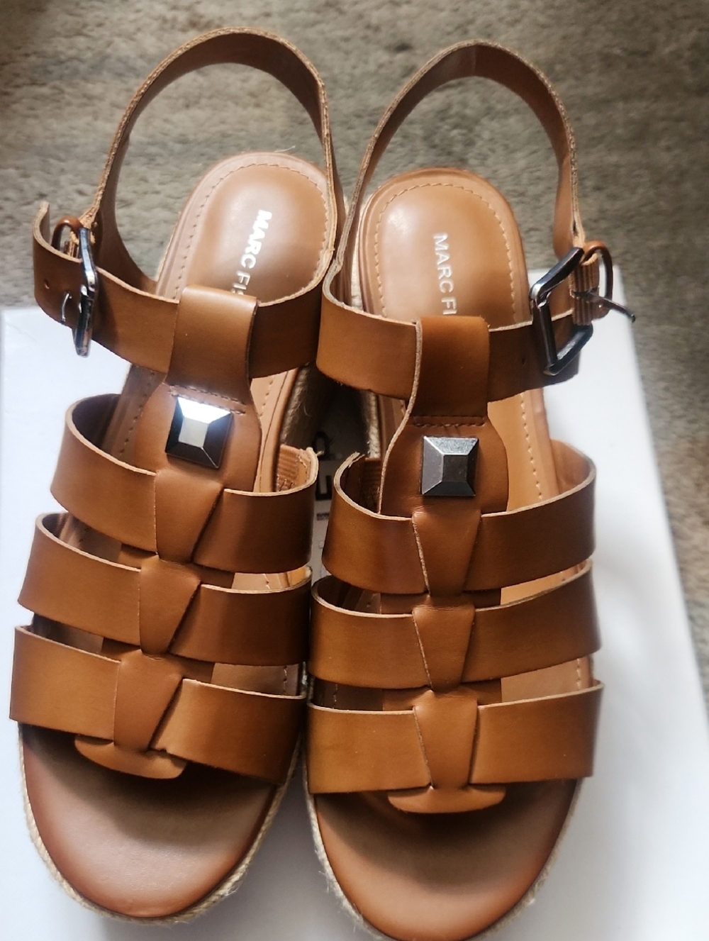 Marc Fisher Cognac Leather Multi-Strap Sandals with Stud Accent